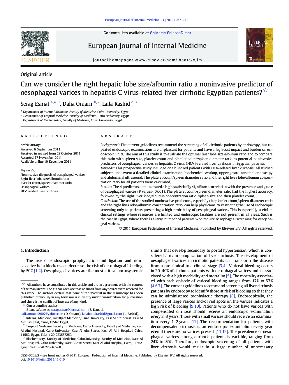 Can we consider the right hepatic lobe size/albumin ratio a noninvasive predictor of oesophageal varices in hepatitis C virus-related liver cirrhotic Egyptian patients? 