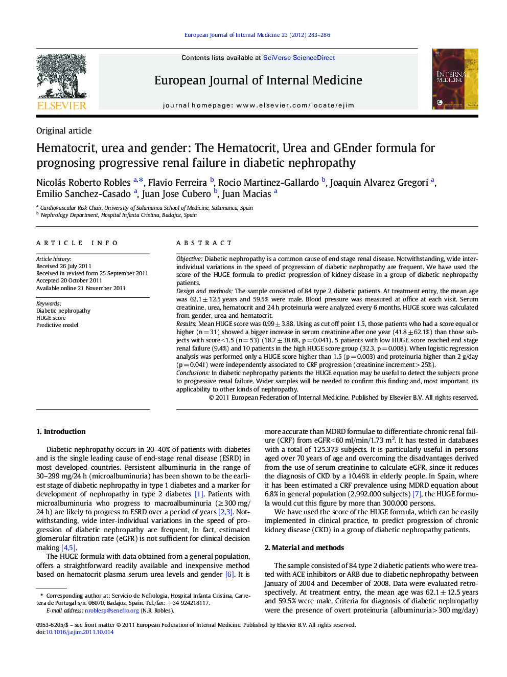 Hematocrit, urea and gender: The Hematocrit, Urea and GEnder formula for prognosing progressive renal failure in diabetic nephropathy