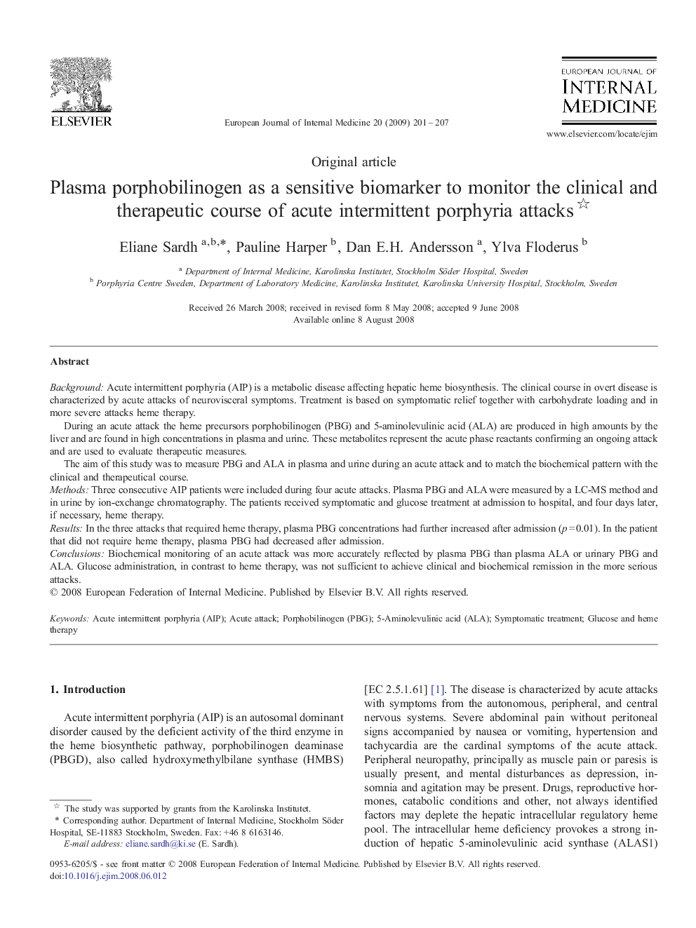 Plasma porphobilinogen as a sensitive biomarker to monitor the clinical and therapeutic course of acute intermittent porphyria attacks 