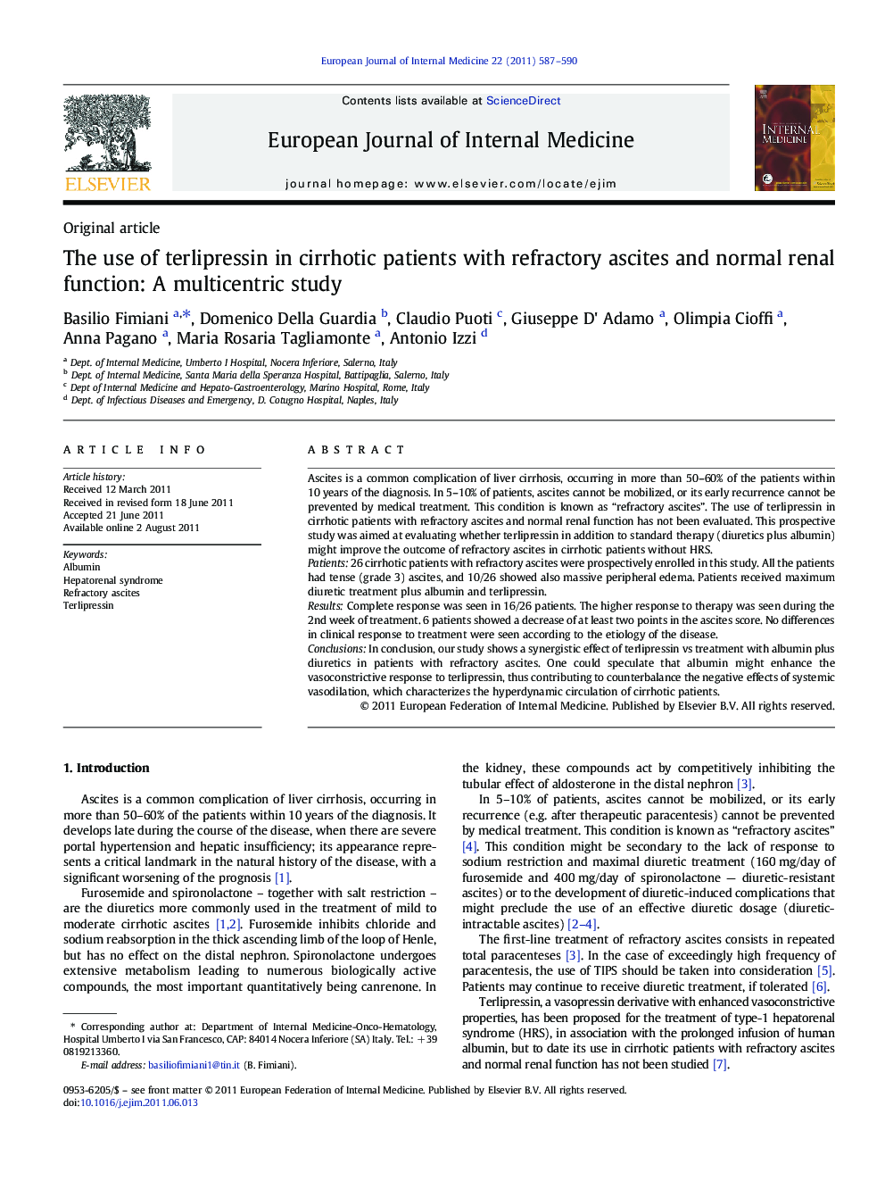 The use of terlipressin in cirrhotic patients with refractory ascites and normal renal function: A multicentric study