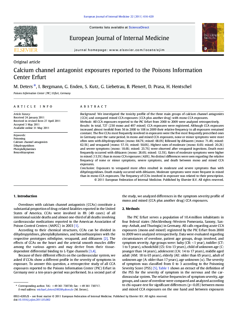 Calcium channel antagonist exposures reported to the Poisons Information Center Erfurt