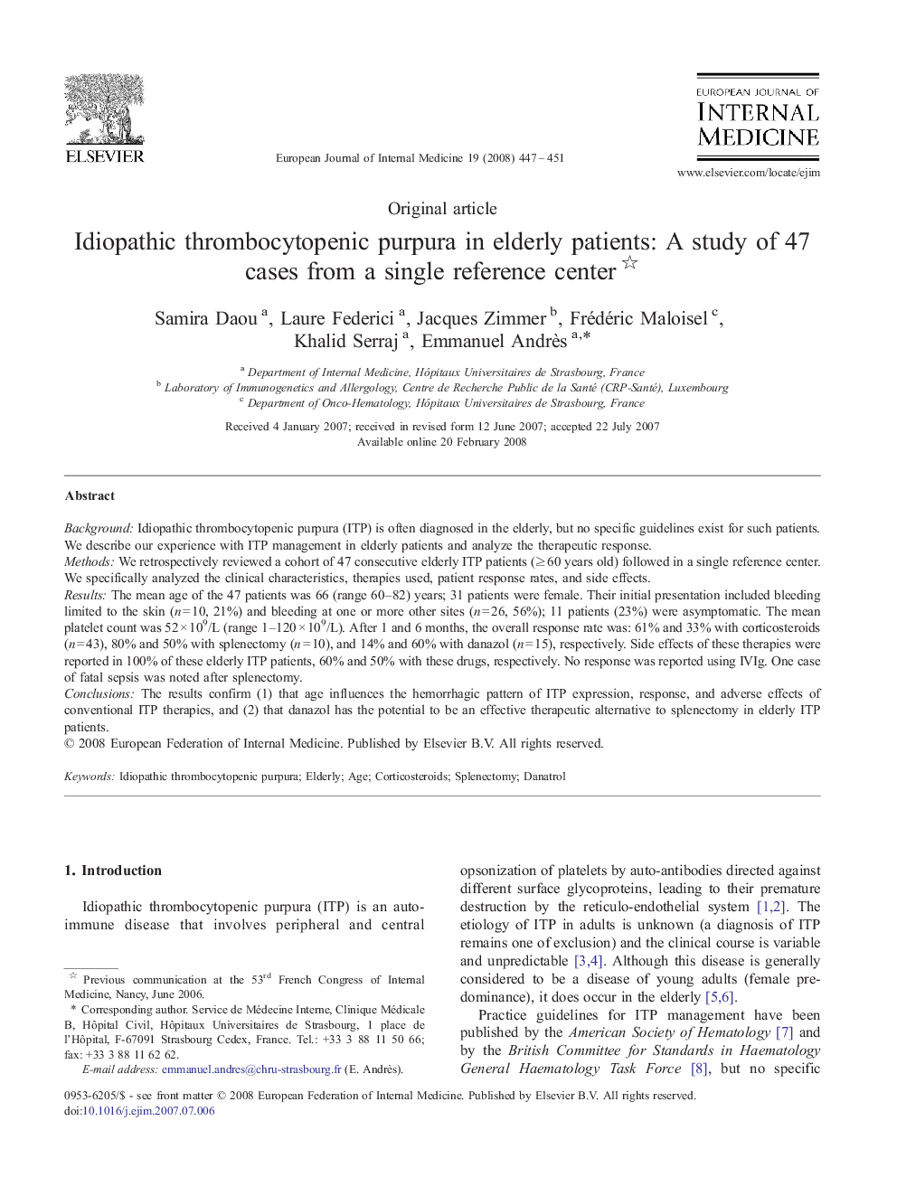 Idiopathic thrombocytopenic purpura in elderly patients: A study of 47 cases from a single reference center 