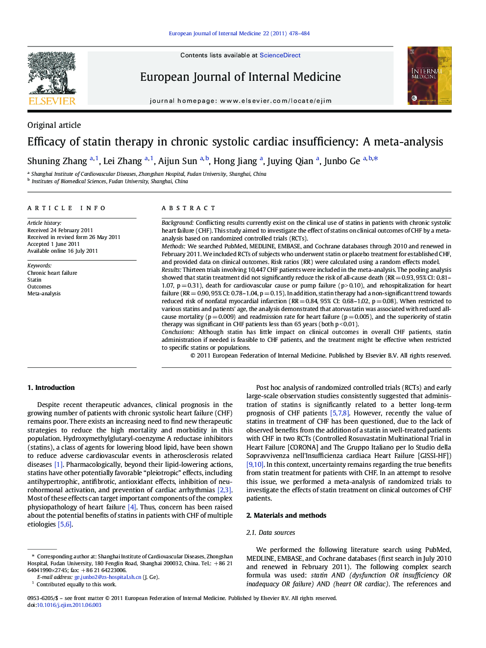 Efficacy of statin therapy in chronic systolic cardiac insufficiency: A meta-analysis