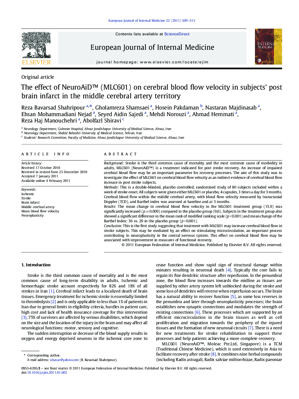 The effect of NeuroAiD™ (MLC601) on cerebral blood flow velocity in subjects' post brain infarct in the middle cerebral artery territory