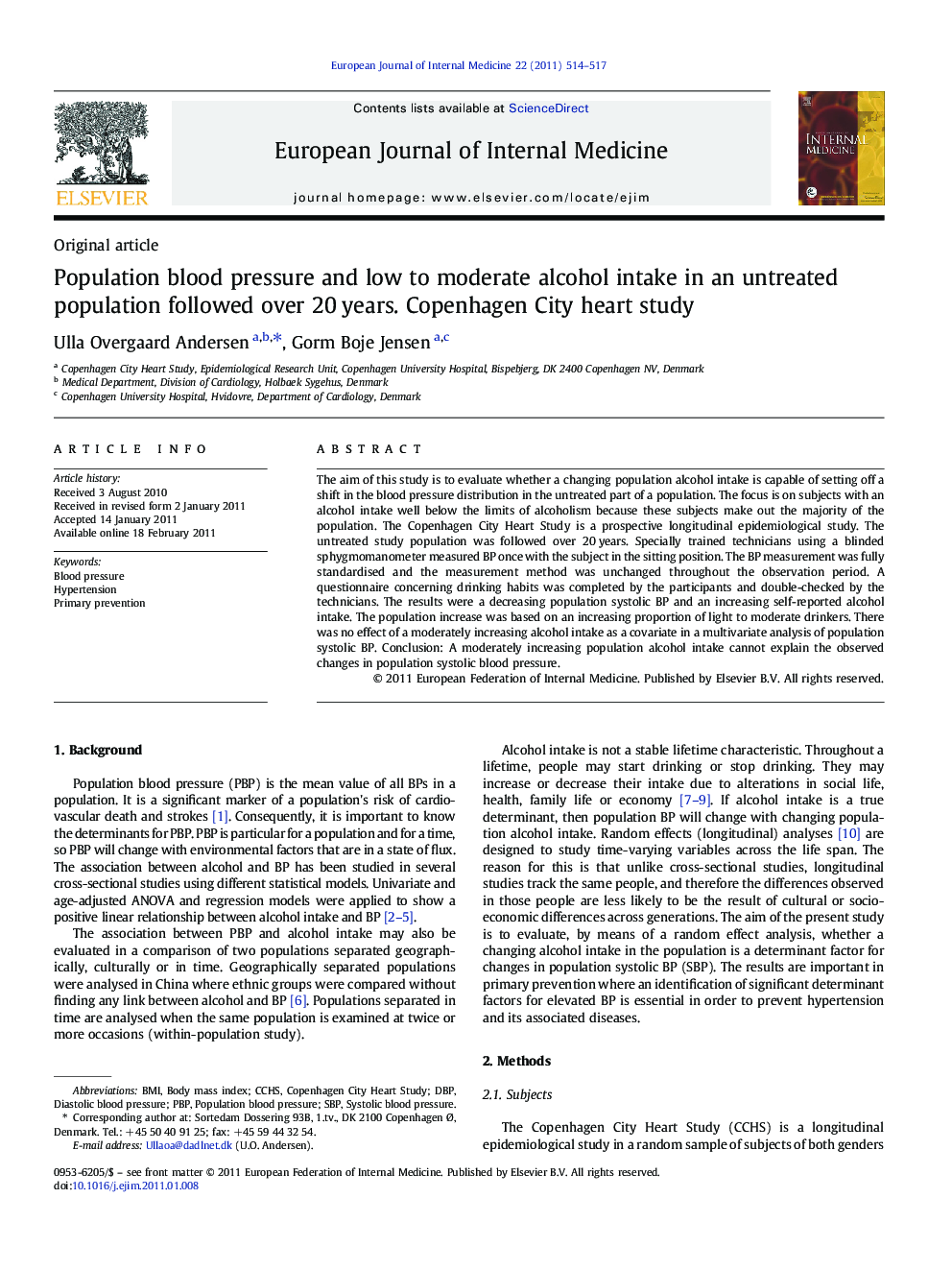 Population blood pressure and low to moderate alcohol intake in an untreated population followed over 20Â years. Copenhagen City heart study