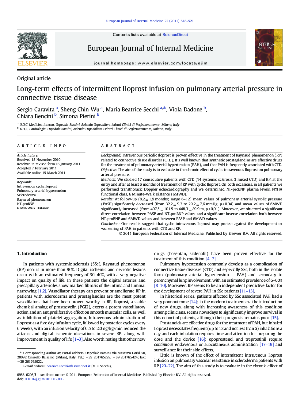 Long-term effects of intermittent Iloprost infusion on pulmonary arterial pressure in connective tissue disease