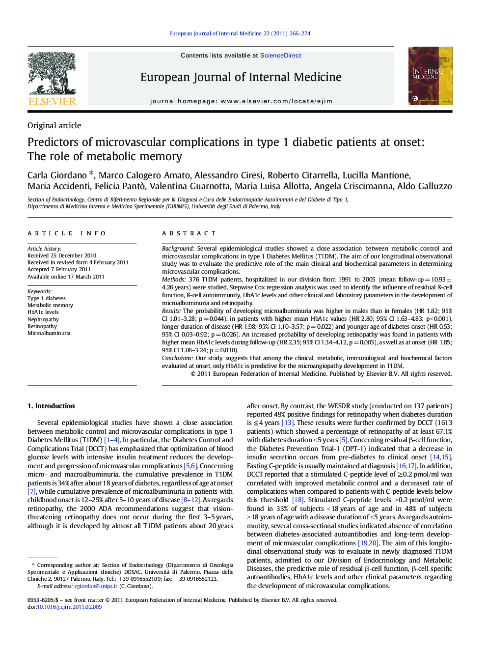 Predictors of microvascular complications in type 1 diabetic patients at onset: The role of metabolic memory