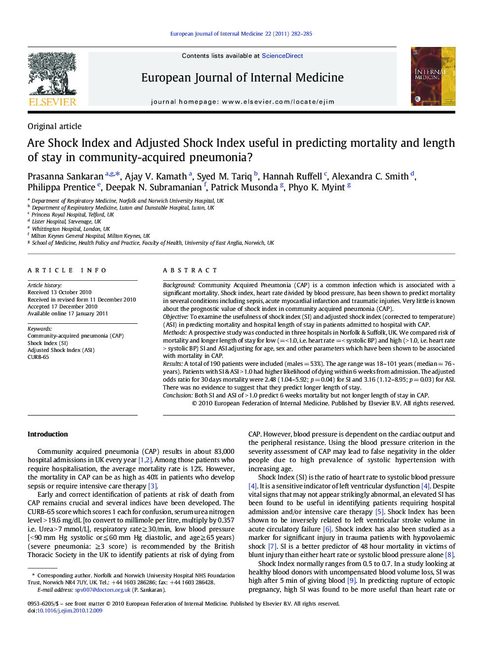 Are Shock Index and Adjusted Shock Index useful in predicting mortality and length of stay in community-acquired pneumonia?