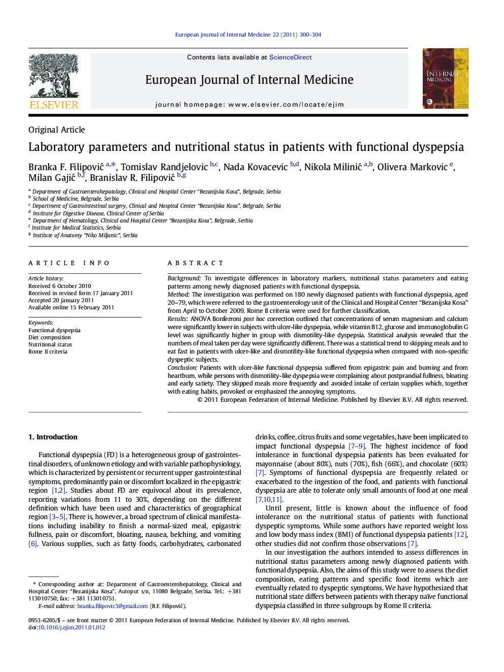 Laboratory parameters and nutritional status in patients with functional dyspepsia