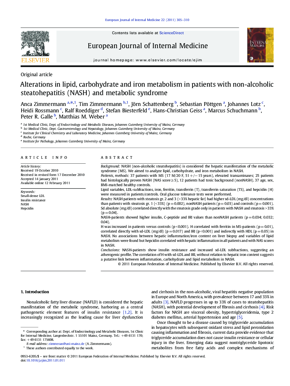 Alterations in lipid, carbohydrate and iron metabolism in patients with non-alcoholic steatohepatitis (NASH) and metabolic syndrome