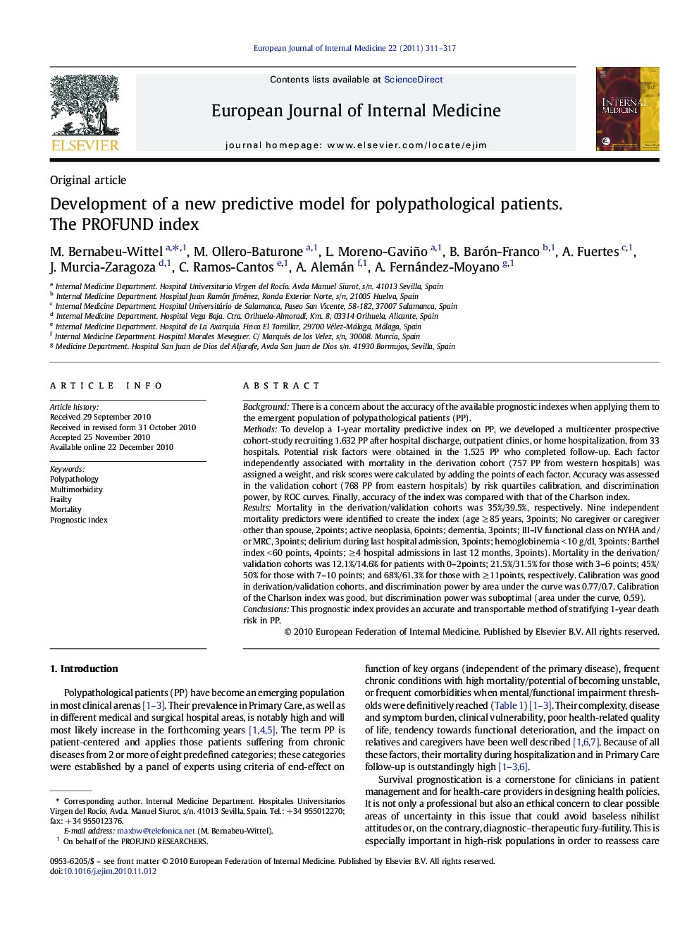 Development of a new predictive model for polypathological patients. The PROFUND index