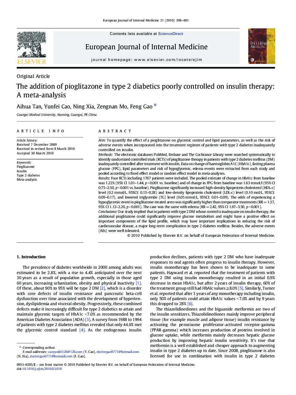 The addition of pioglitazone in type 2 diabetics poorly controlled on insulin therapy: A meta-analysis