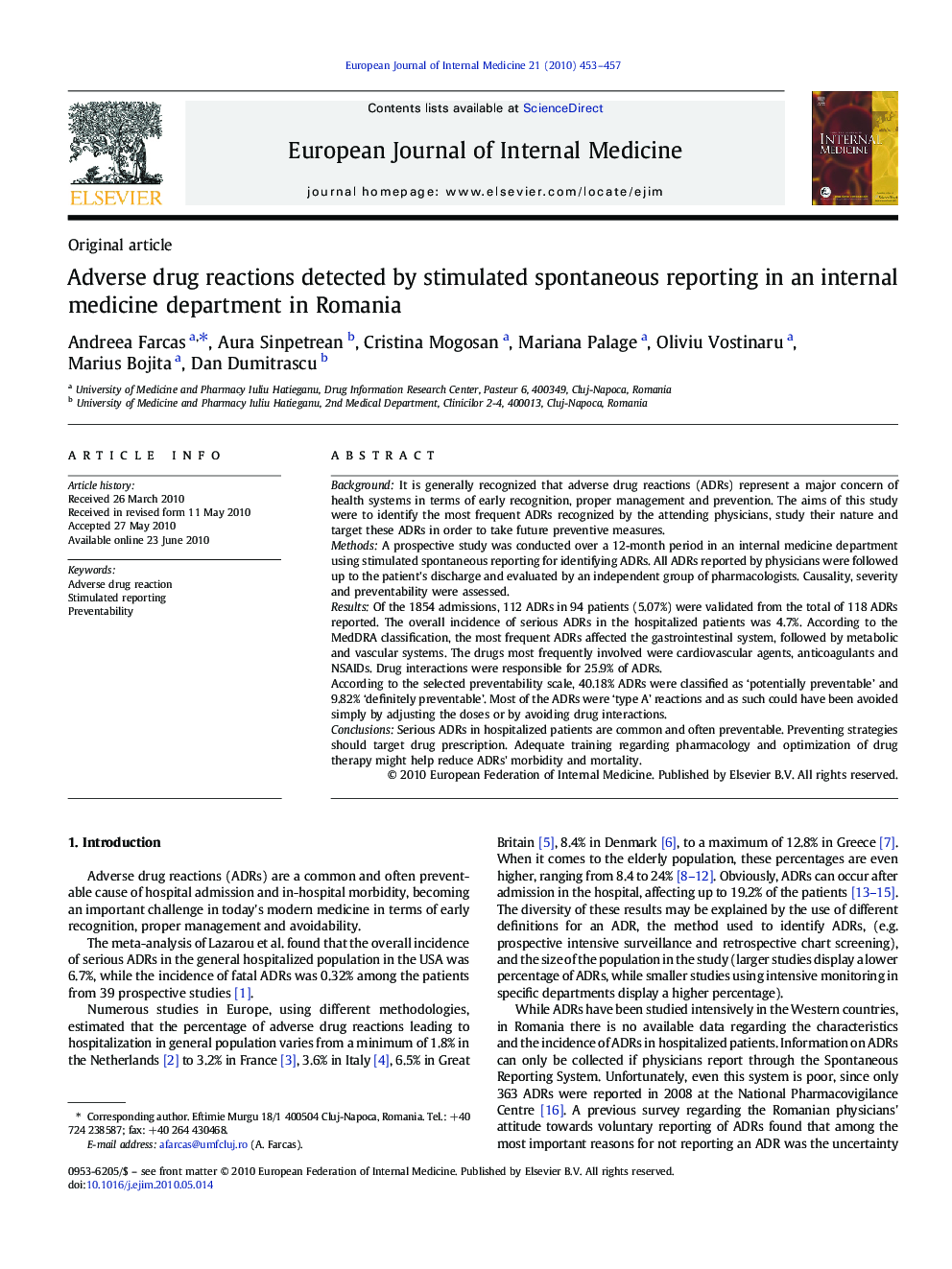 Adverse drug reactions detected by stimulated spontaneous reporting in an internal medicine department in Romania