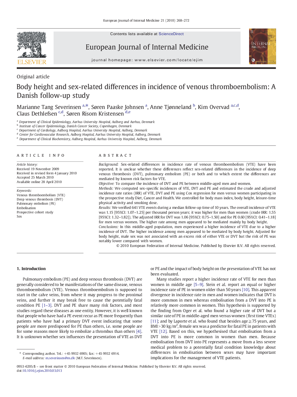 Body height and sex-related differences in incidence of venous thromboembolism: A Danish follow-up study