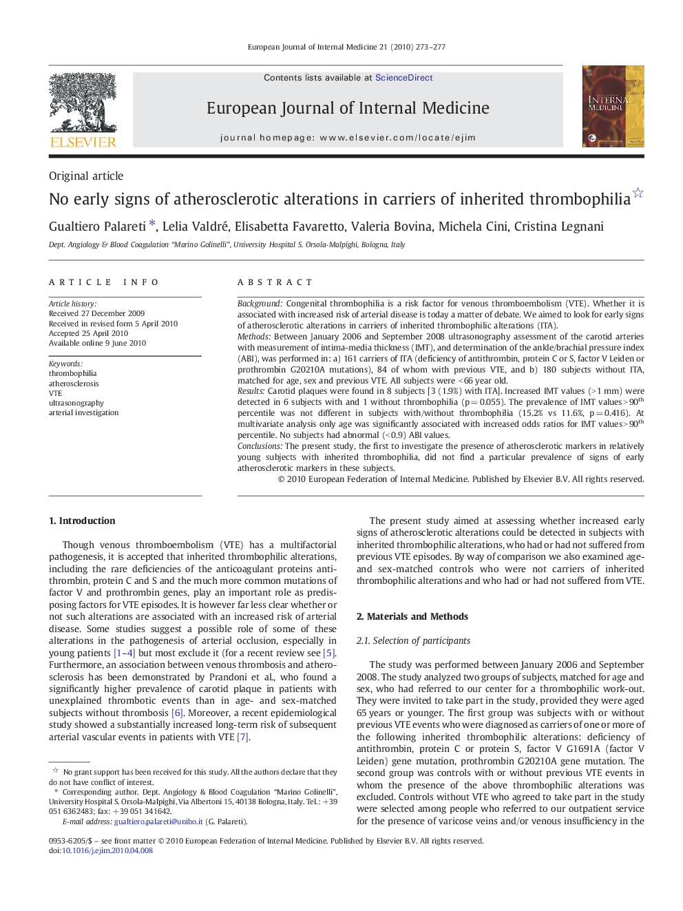 No early signs of atherosclerotic alterations in carriers of inherited thrombophilia 