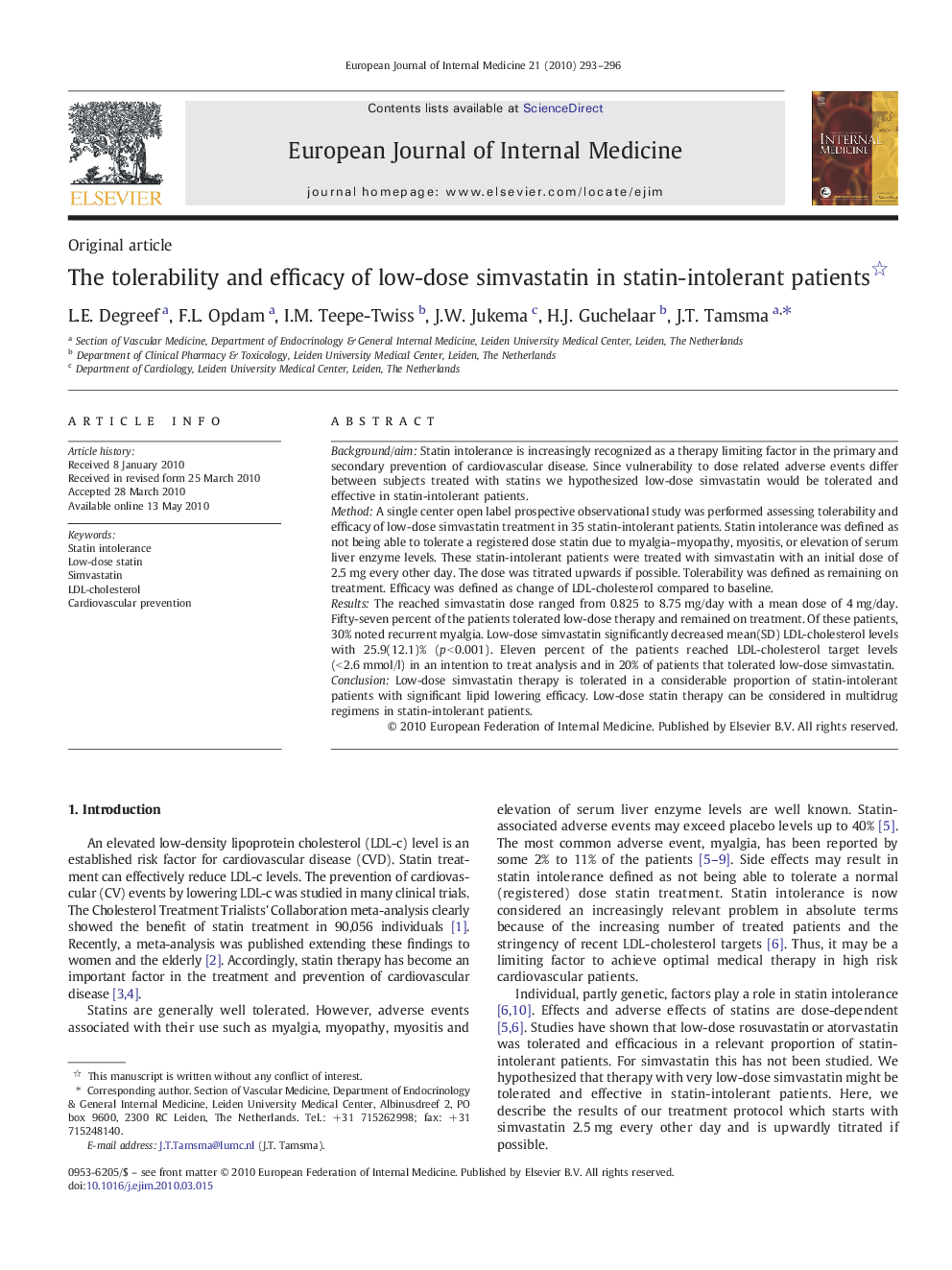 The tolerability and efficacy of low-dose simvastatin in statin-intolerant patients 