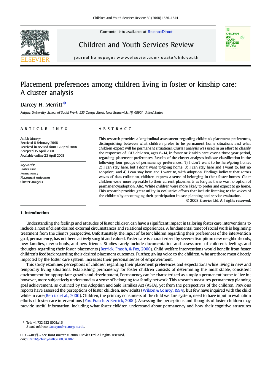 Placement preferences among children living in foster or kinship care: A cluster analysis