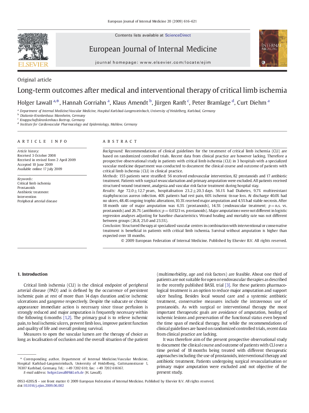 Long-term outcomes after medical and interventional therapy of critical limb ischemia