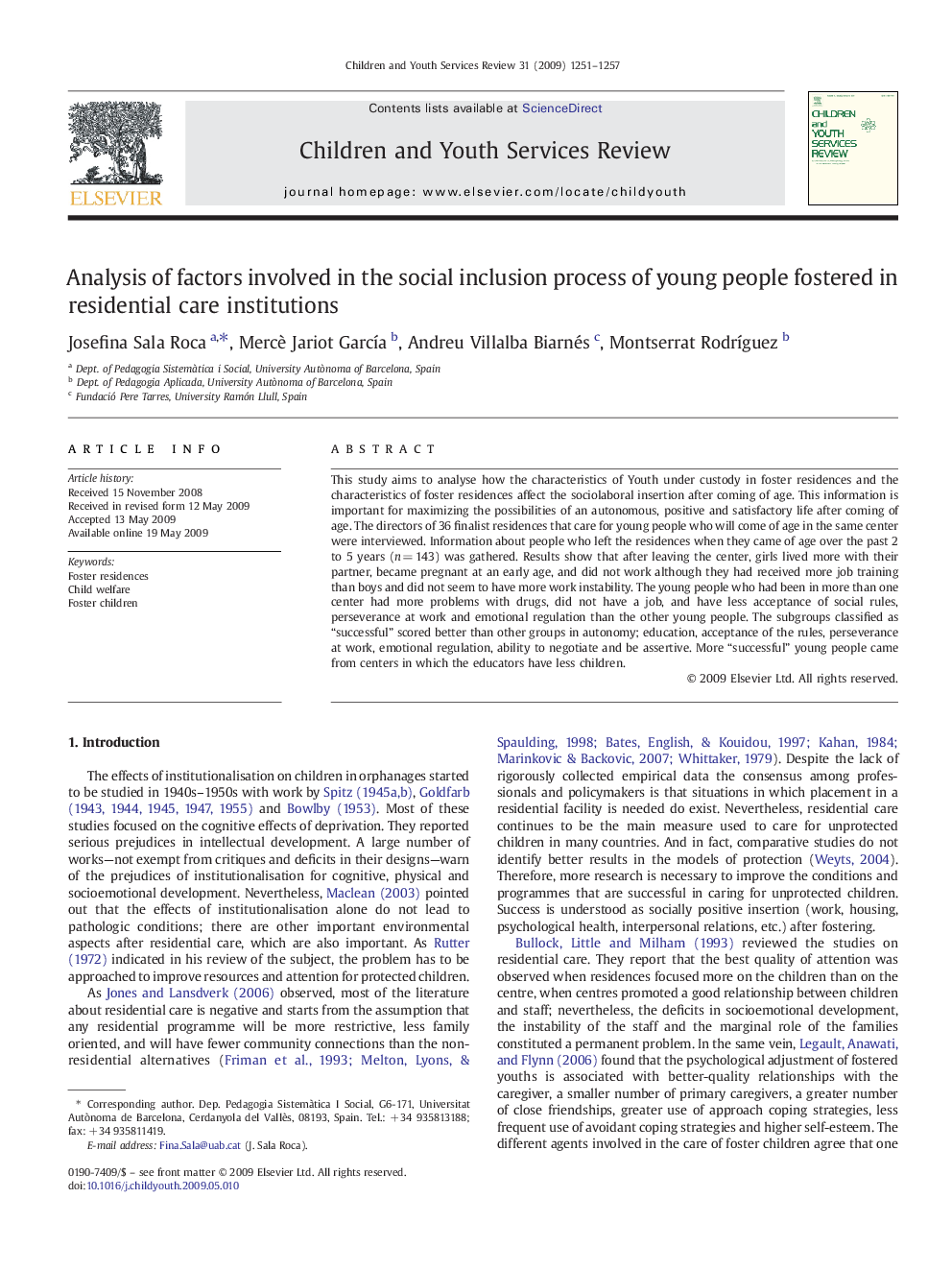 Analysis of factors involved in the social inclusion process of young people fostered in residential care institutions