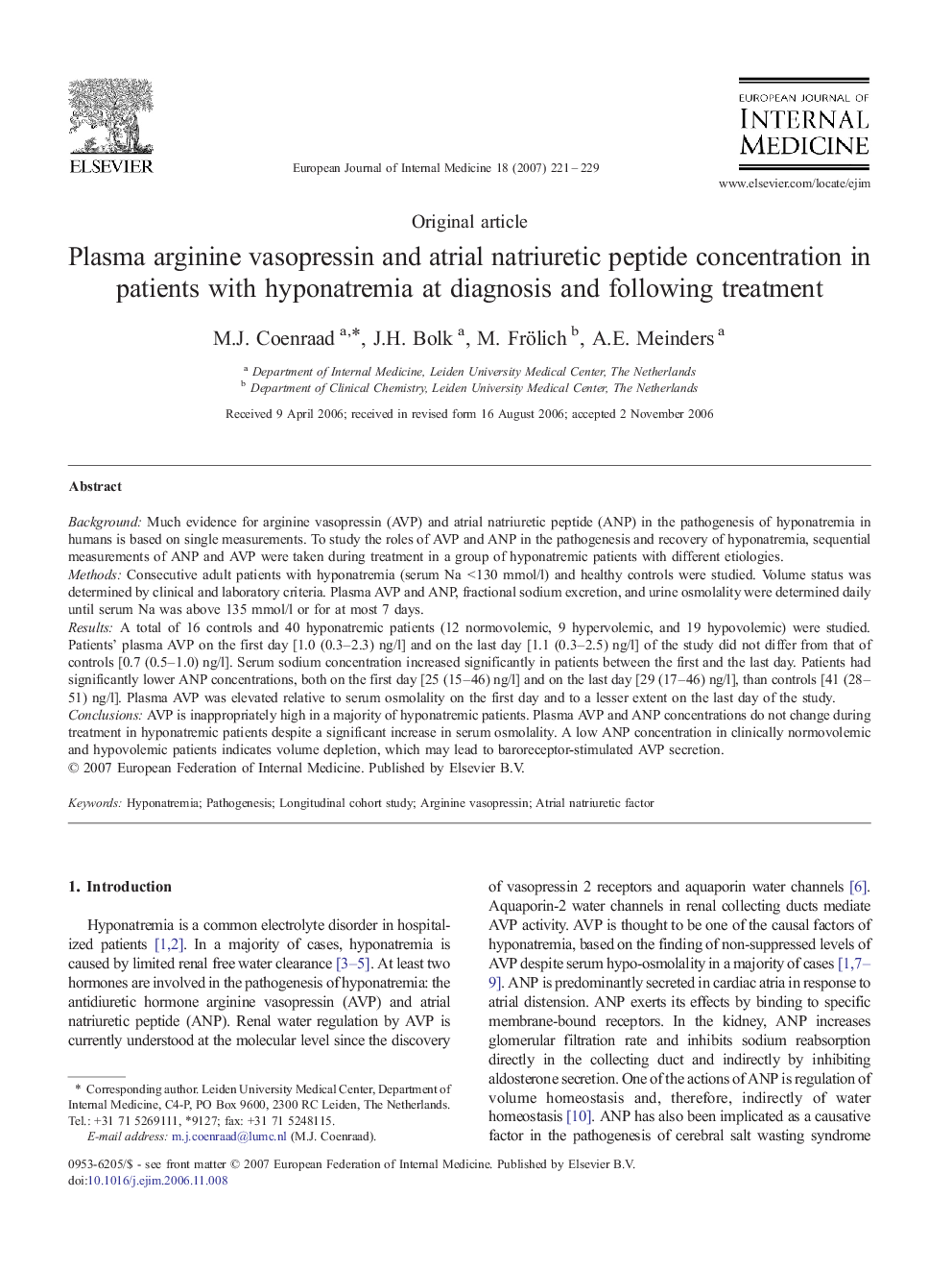 Plasma arginine vasopressin and atrial natriuretic peptide concentration in patients with hyponatremia at diagnosis and following treatment