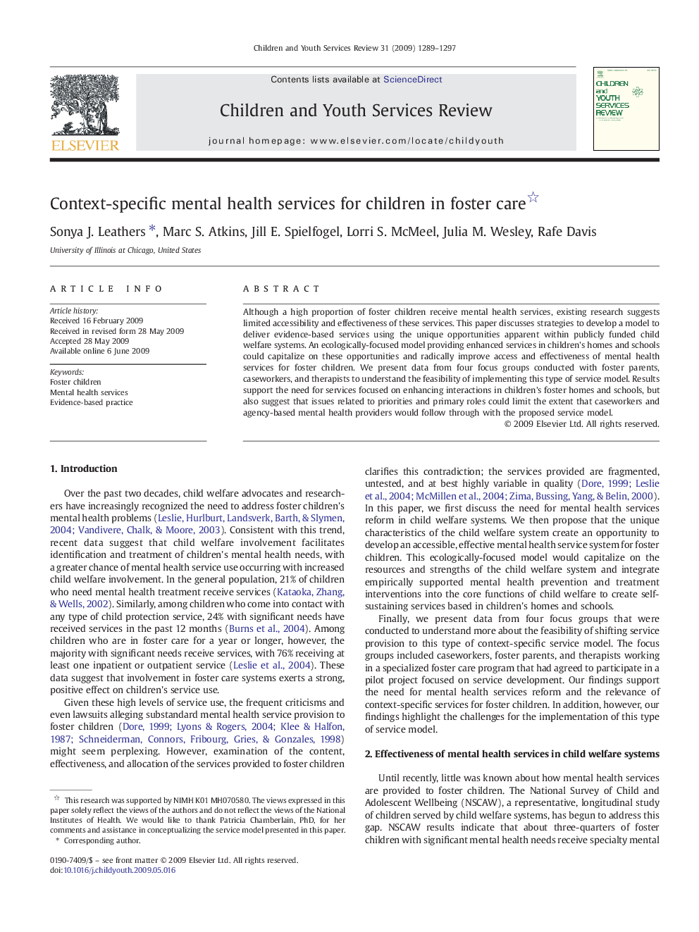 Context-specific mental health services for children in foster care 