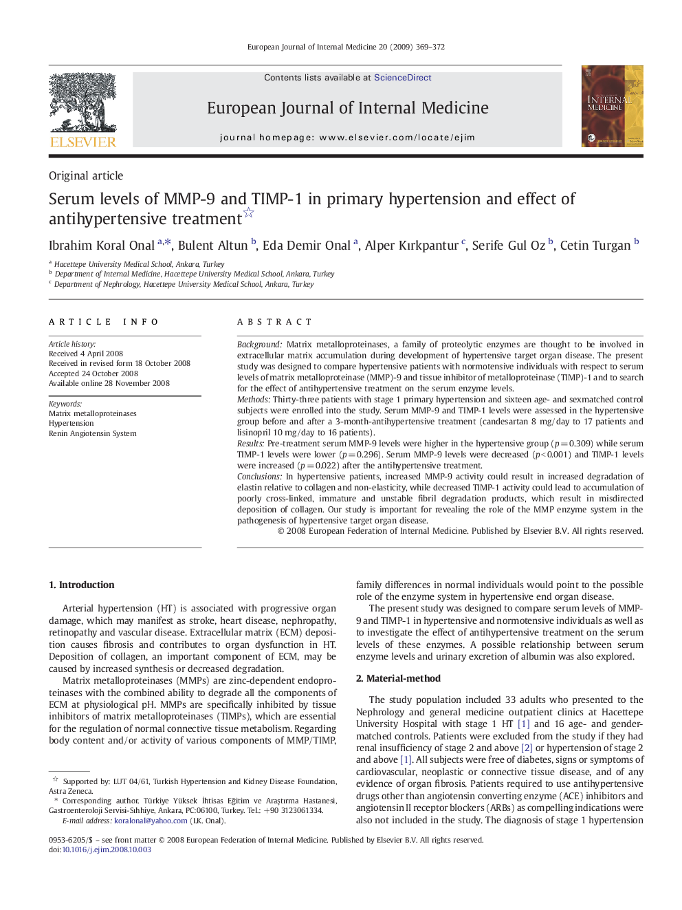 Serum levels of MMP-9 and TIMP-1 in primary hypertension and effect of antihypertensive treatment 