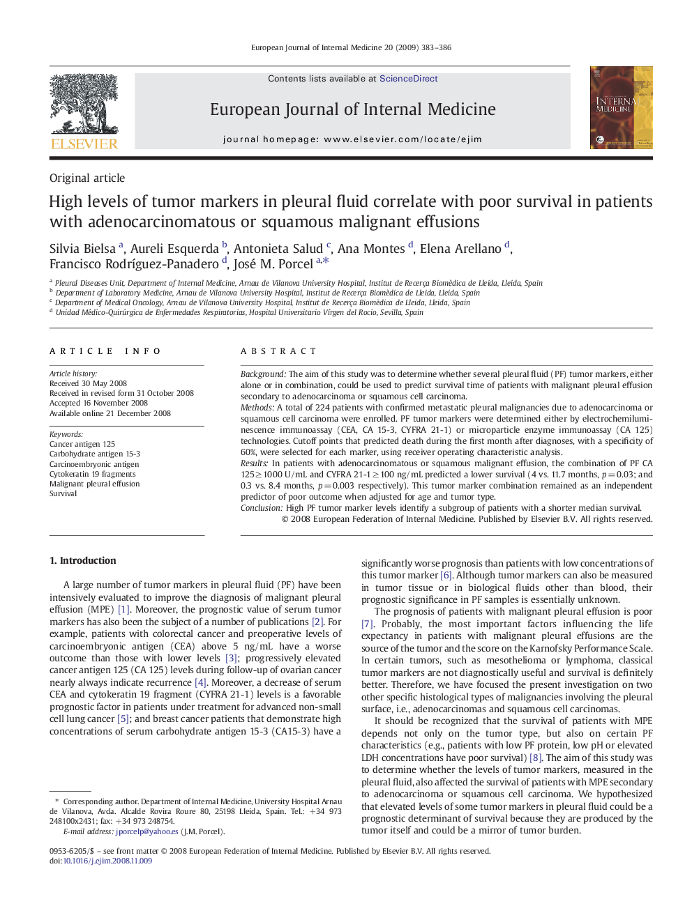 High levels of tumor markers in pleural fluid correlate with poor survival in patients with adenocarcinomatous or squamous malignant effusions