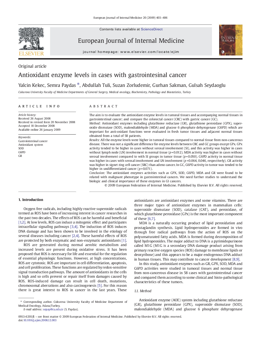 Antioxidant enzyme levels in cases with gastrointesinal cancer