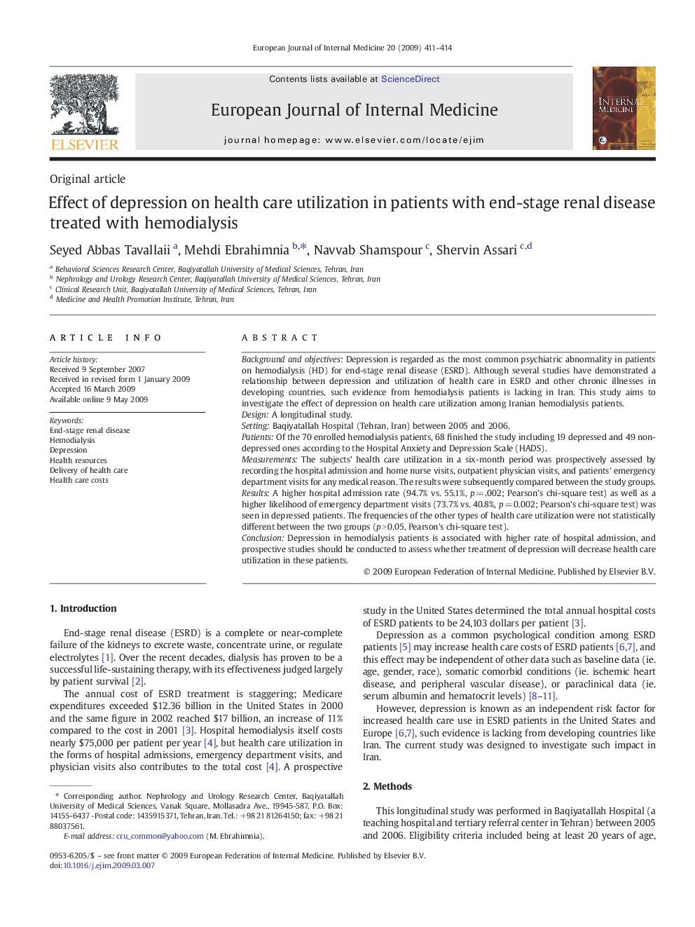 Effect of depression on health care utilization in patients with end-stage renal disease treated with hemodialysis