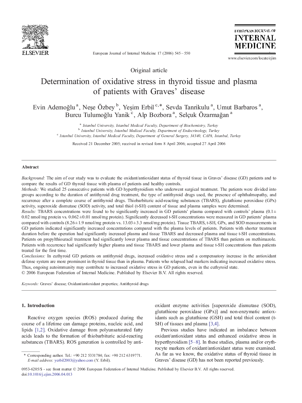 Determination of oxidative stress in thyroid tissue and plasma of patients with Graves' disease