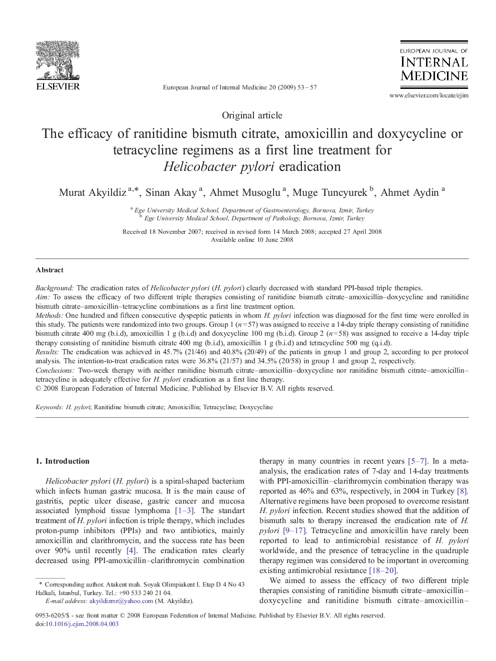 The efficacy of ranitidine bismuth citrate, amoxicillin and doxycycline or tetracycline regimens as a first line treatment for Helicobacter pylori eradication