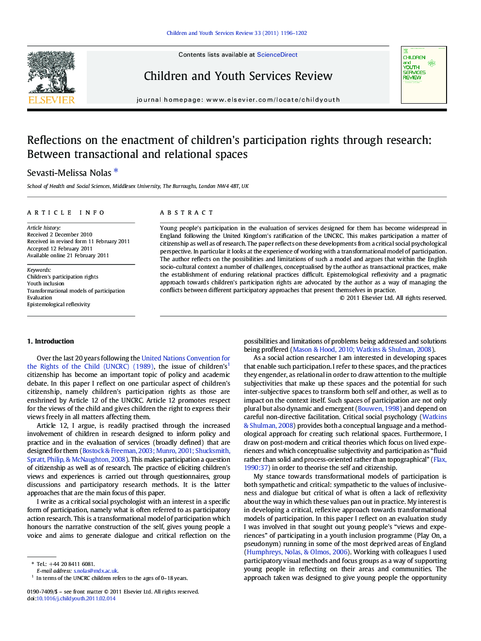Reflections on the enactment of children's participation rights through research: Between transactional and relational spaces