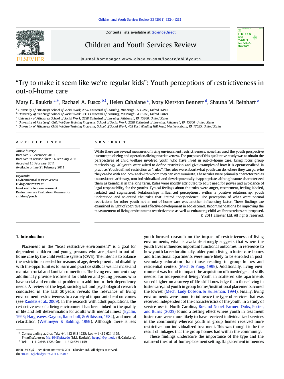 “Try to make it seem like we're regular kids”: Youth perceptions of restrictiveness in out-of-home care