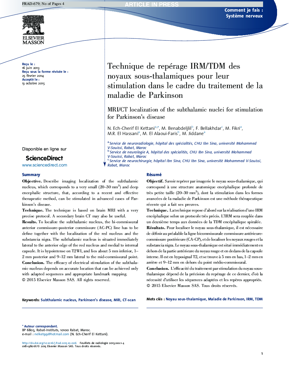 Technique de repérage IRM/TDM des noyaux sous-thalamiques pour leur stimulation dans le cadre du traitement de la maladie de Parkinson