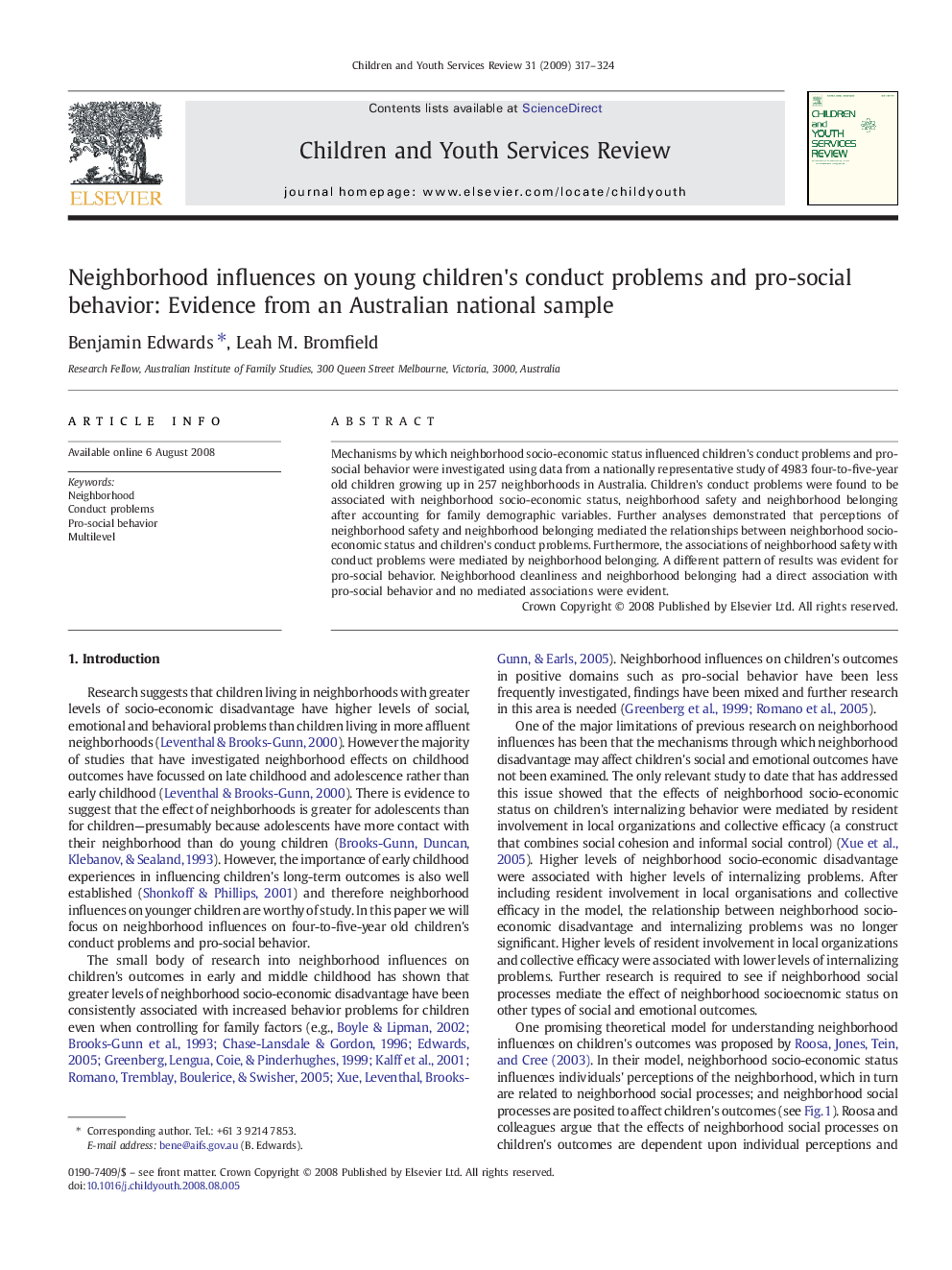 Neighborhood influences on young children's conduct problems and pro-social behavior: Evidence from an Australian national sample