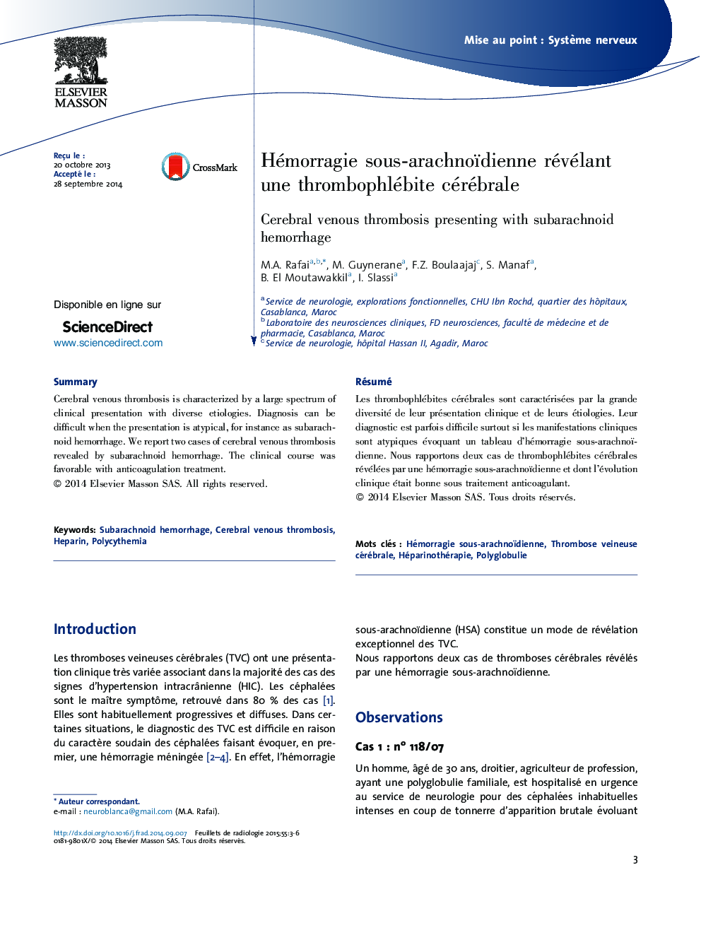 Hémorragie sous-arachnoïdienne révélant une thrombophlébite cérébrale