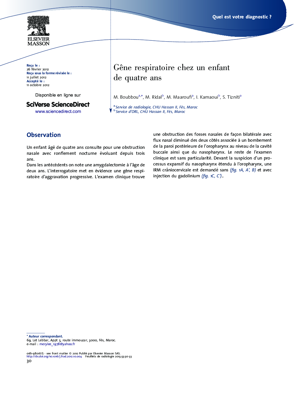 عکس صفحه اول مقاله: Gêne respiratoire chez un enfant de quatre ans Gêne respiratoire chez un enfant de quatre ans