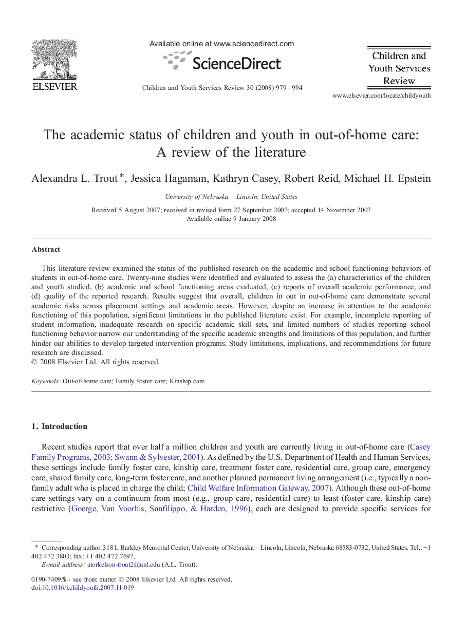 The academic status of children and youth in out-of-home care: A review of the literature