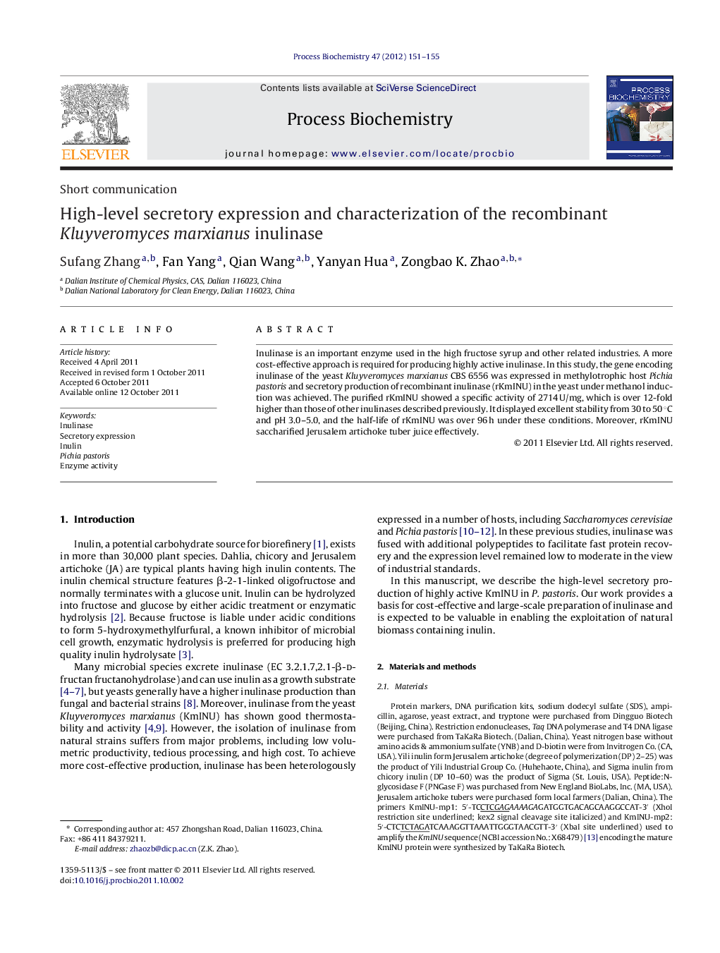 High-level secretory expression and characterization of the recombinant Kluyveromyces marxianus inulinase