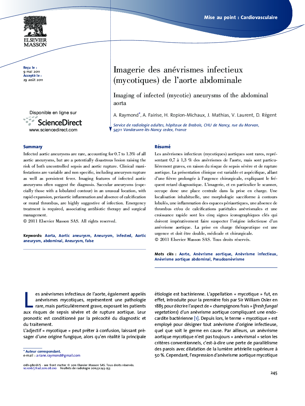 Imagerie des anévrismes infectieux (mycotiques) de l'aorte abdominale