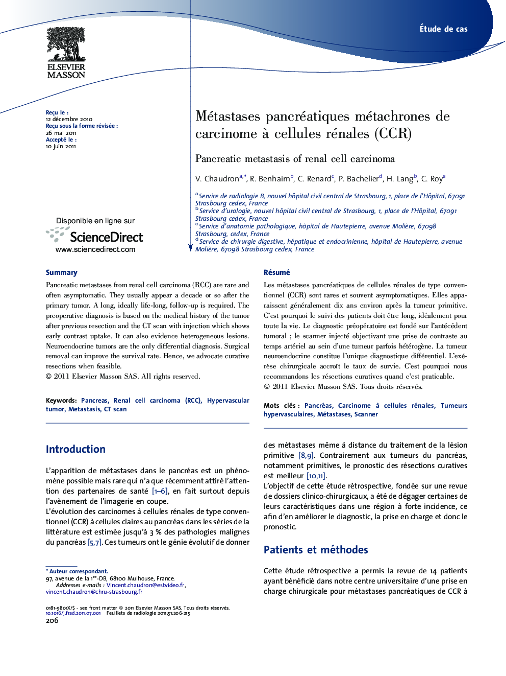 Métastases pancréatiques métachrones de carcinome Ã  cellules rénales (CCR)