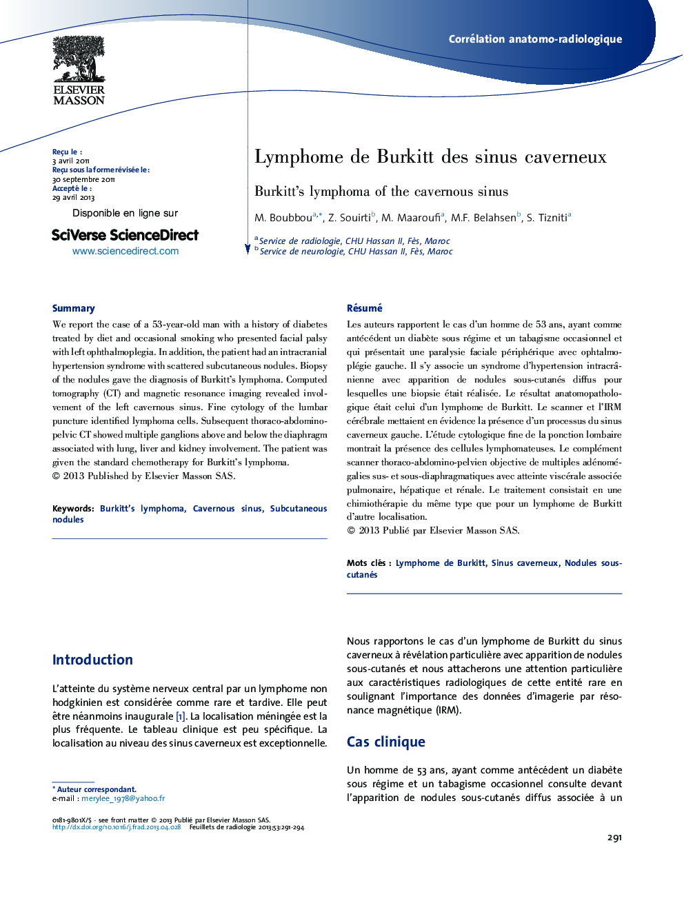 Lymphome de Burkitt des sinus caverneux