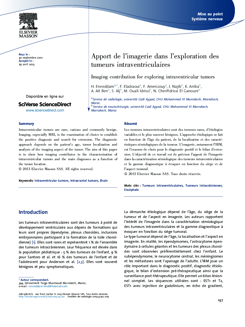 Apport de l'imagerie dans l'exploration des tumeurs intraventriculaires