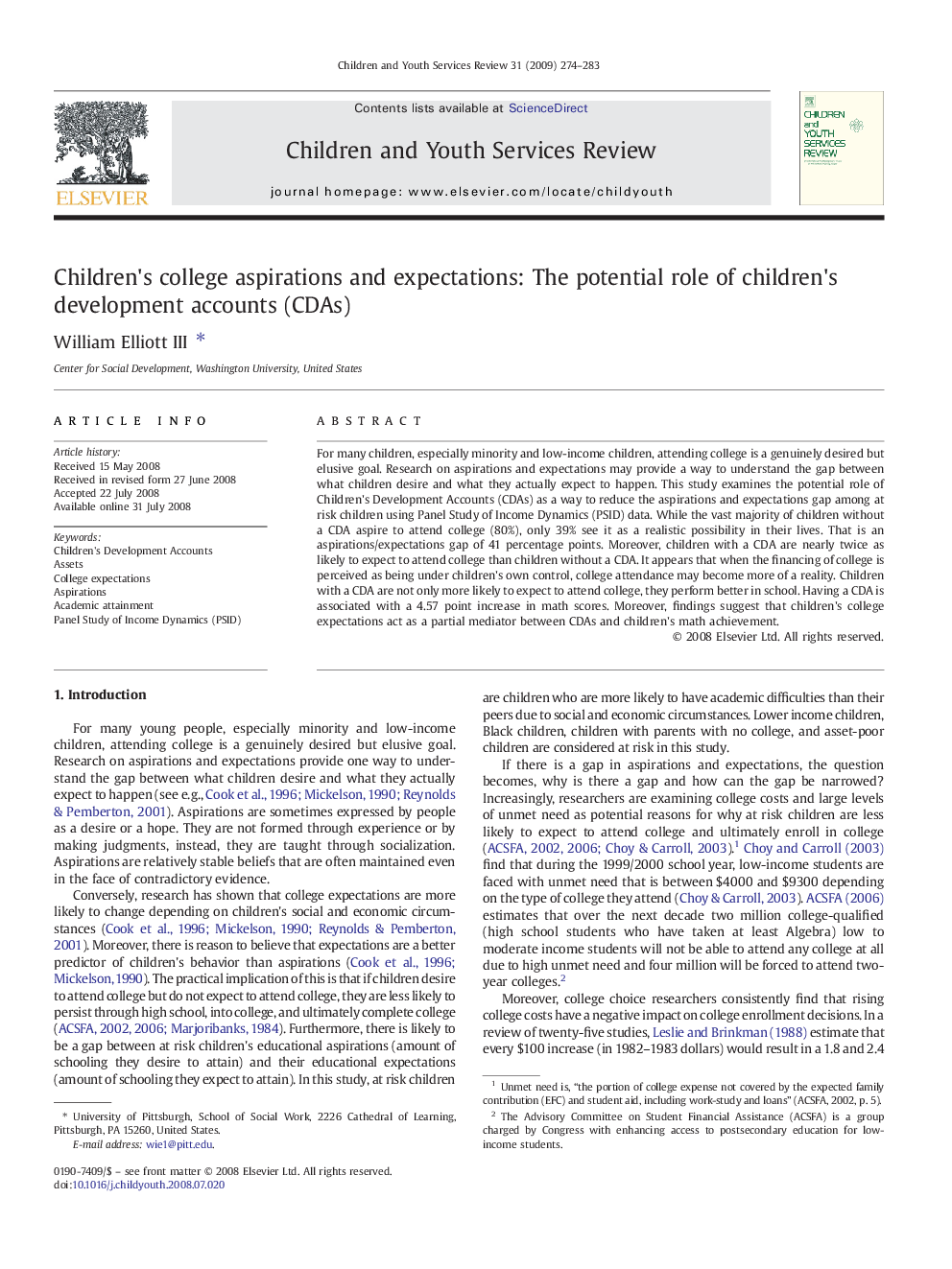 Children's college aspirations and expectations: The potential role of children's development accounts (CDAs)