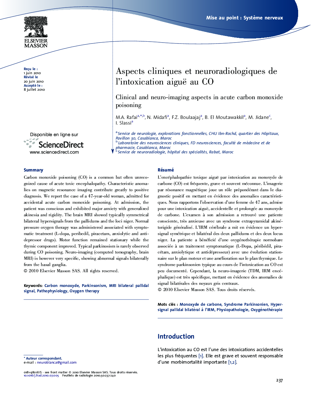 Aspects cliniques et neuroradiologiques de l'intoxication aiguë au CO