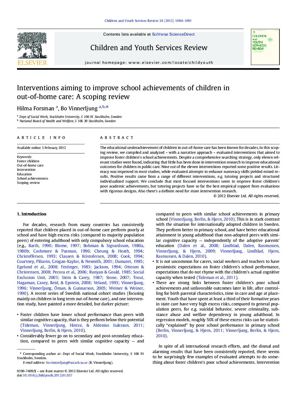 Interventions aiming to improve school achievements of children in out-of-home care: A scoping review