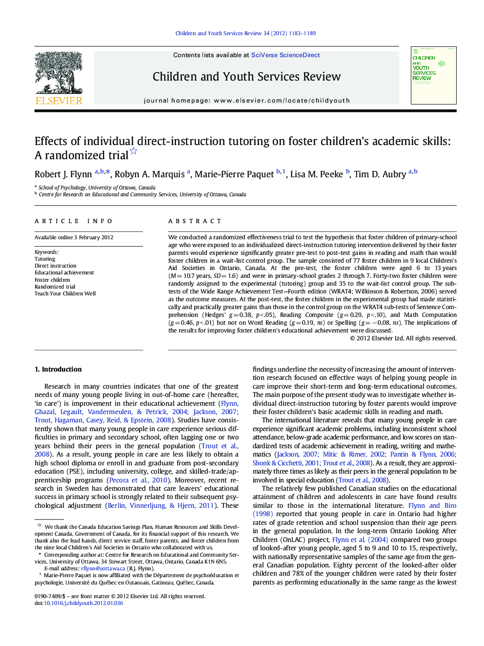 Effects of individual direct-instruction tutoring on foster children's academic skills: A randomized trial 