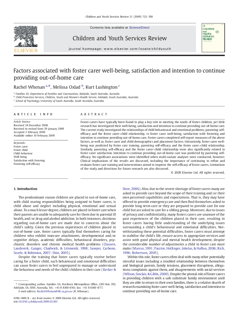 Factors associated with foster carer well-being, satisfaction and intention to continue providing out-of-home care