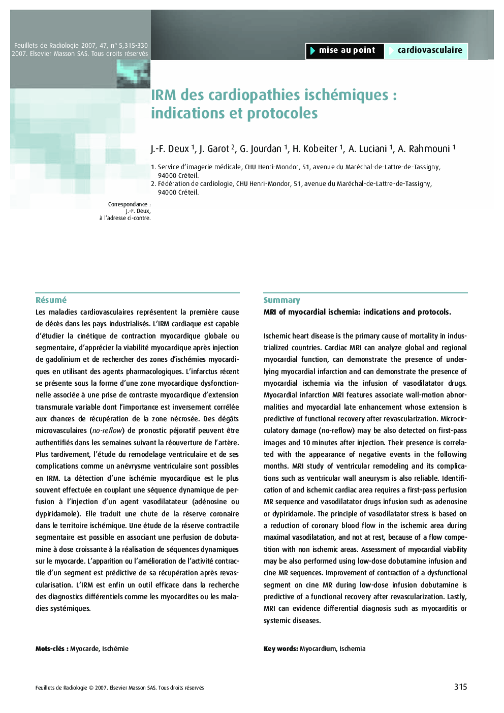 IRM des cardiopathies ischémiques : indications et protocoles