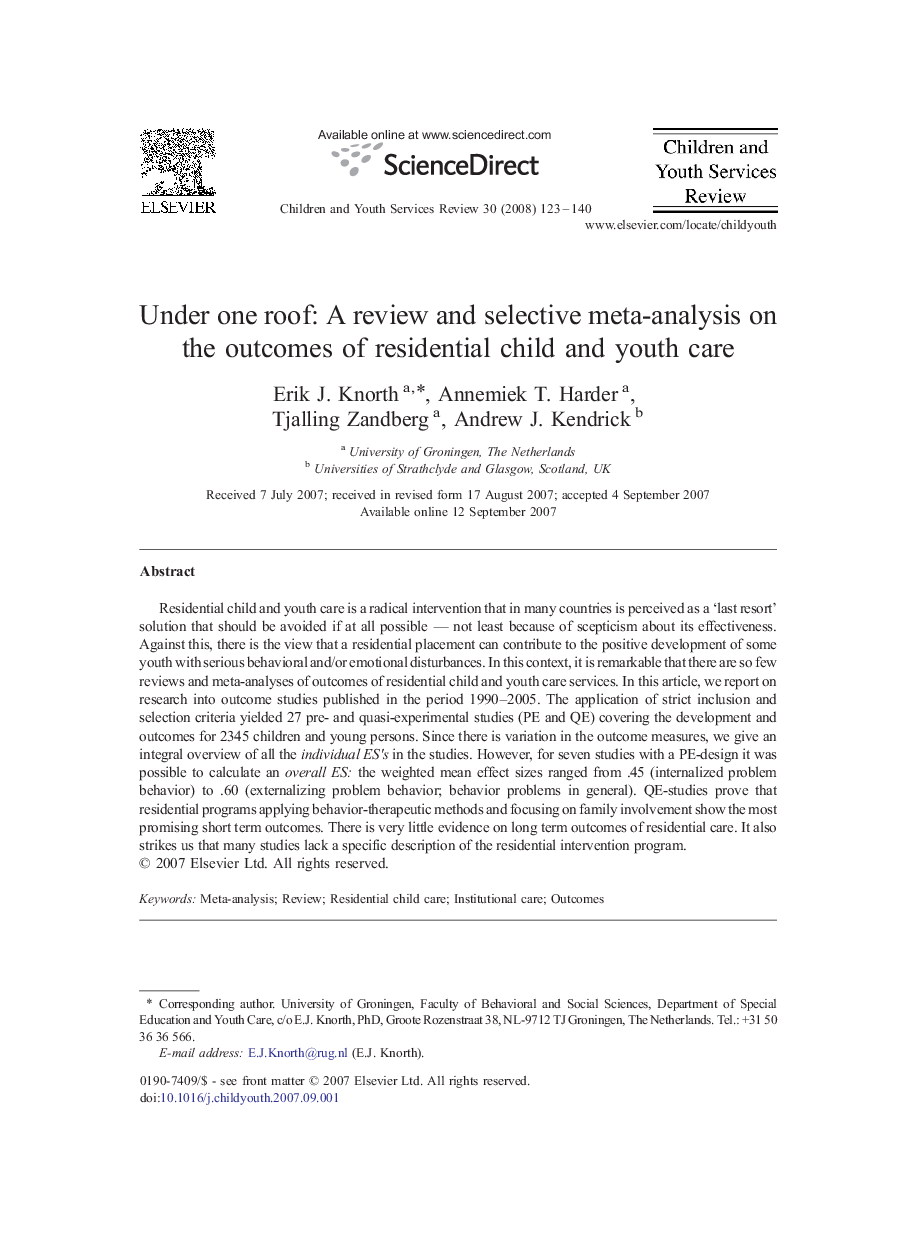 Under one roof: A review and selective meta-analysis on the outcomes of residential child and youth care